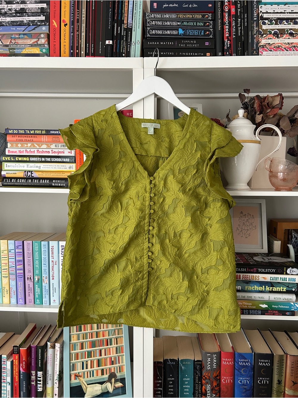 Olive Green Textured Flutter-Sleeve Button Front Blouse